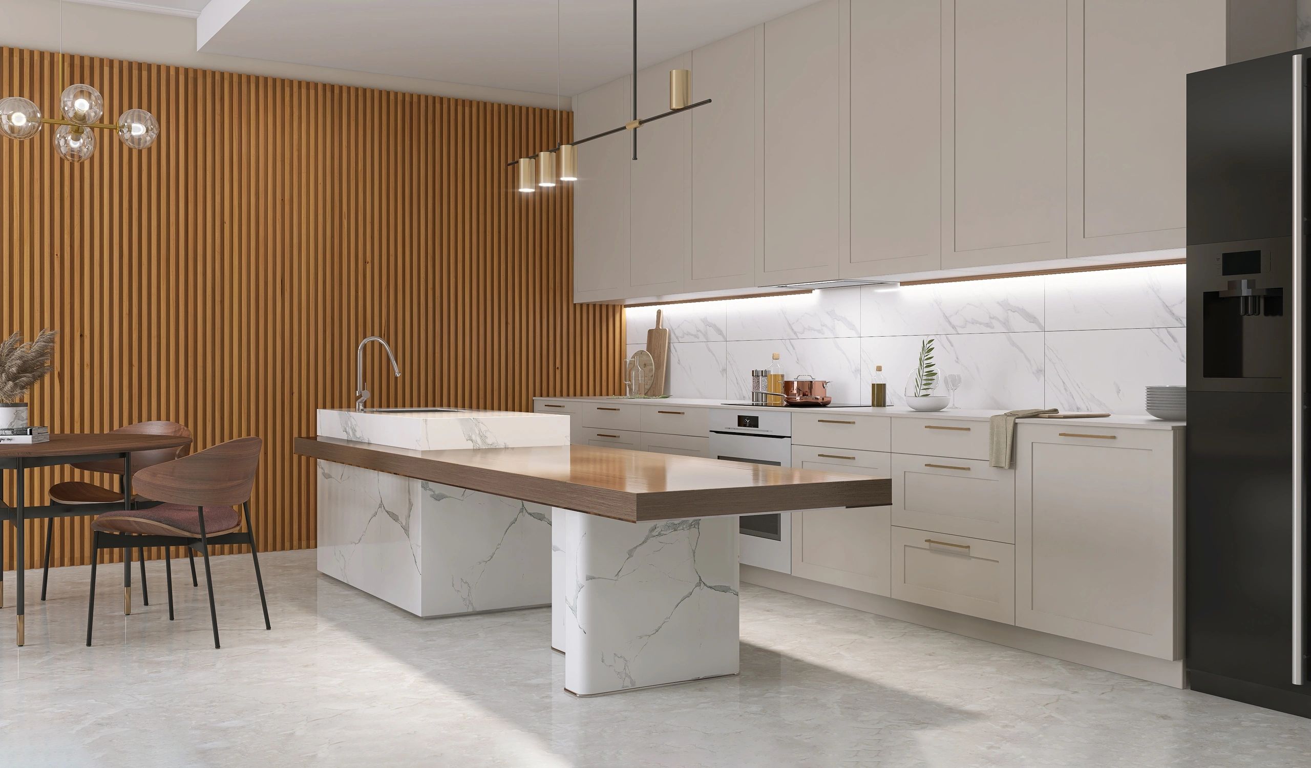 Refined custom home kitchen with marble island and warm finishes